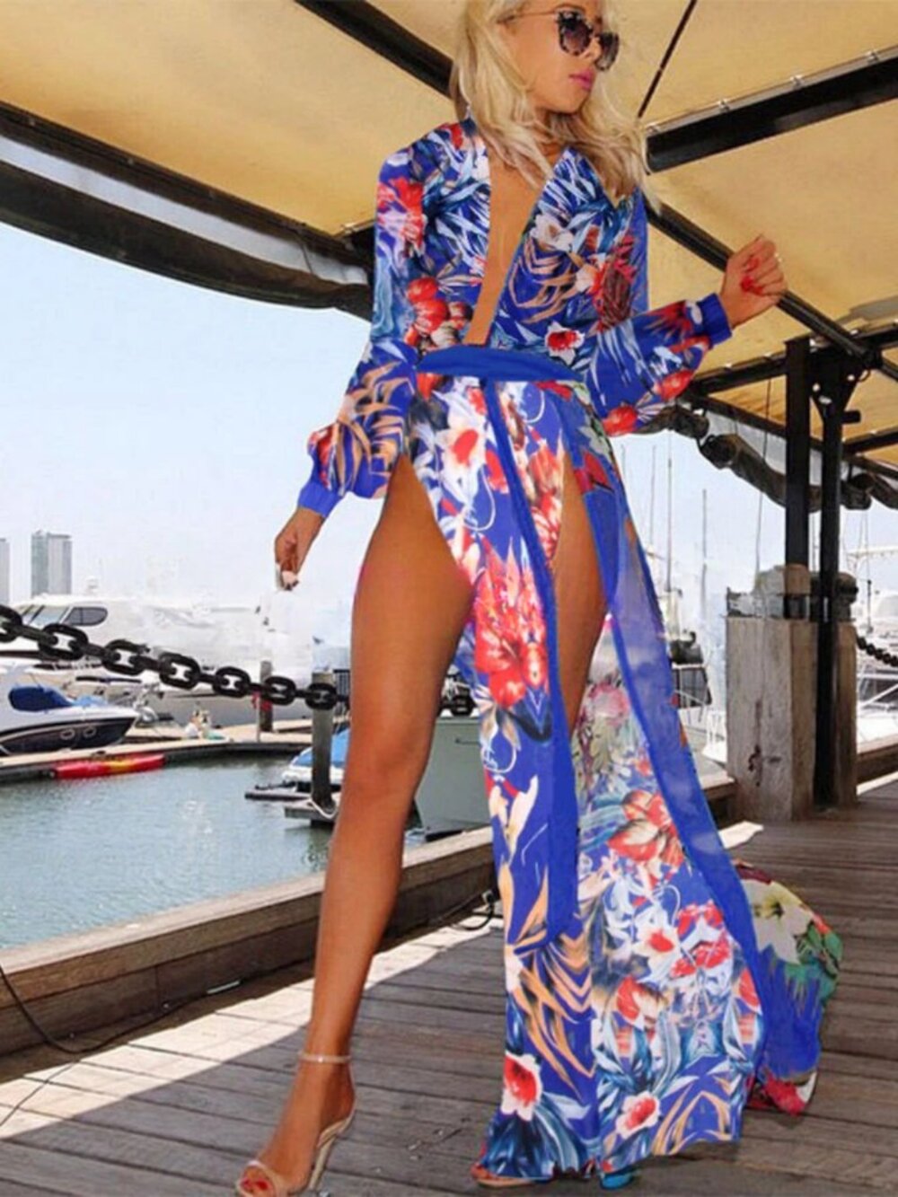 Bohemian Floral High Split Maxi Chiffon Beach Dress Cover Up